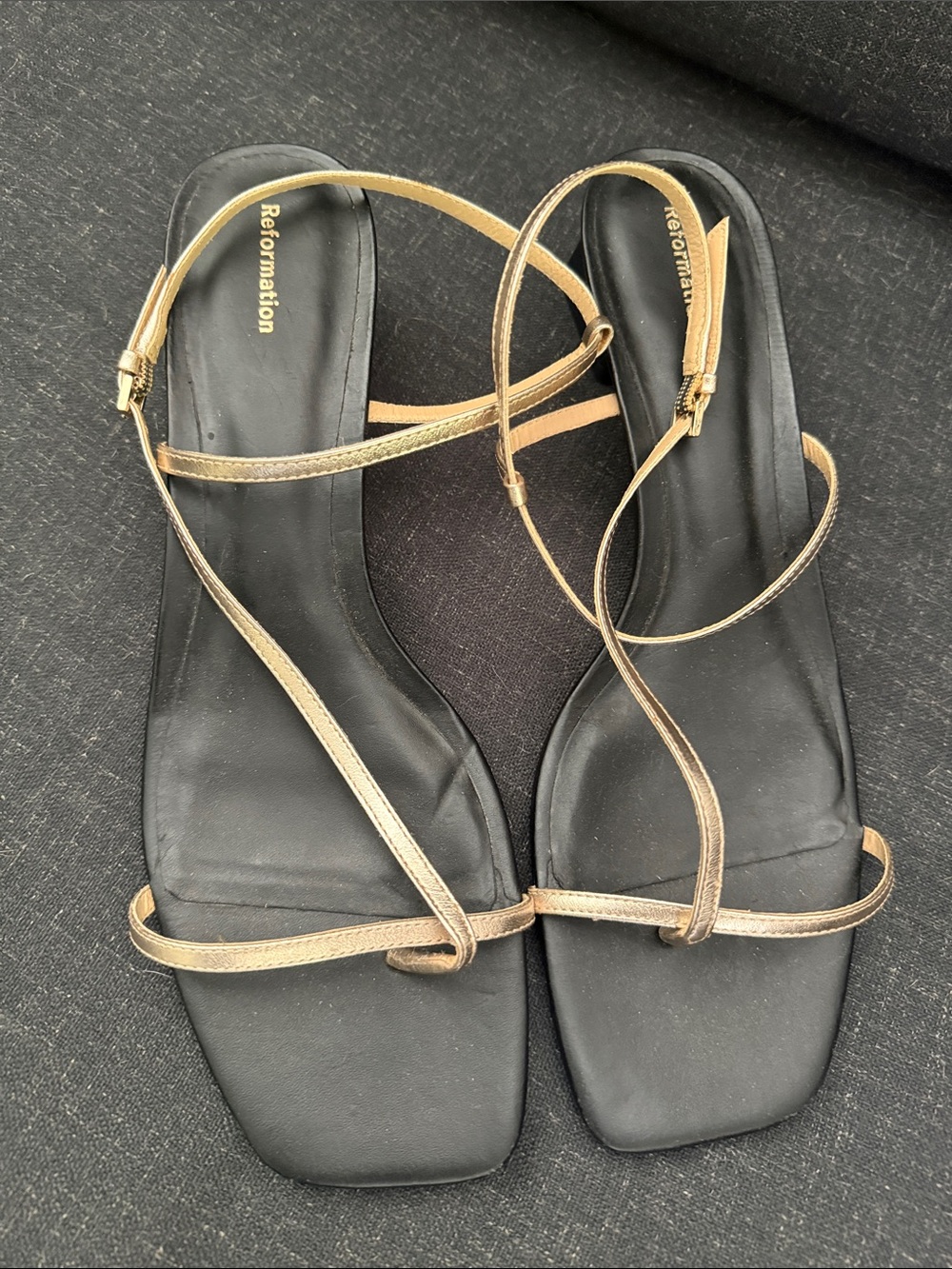 Reformation Black Square-Toe Sandals with Gold Straps